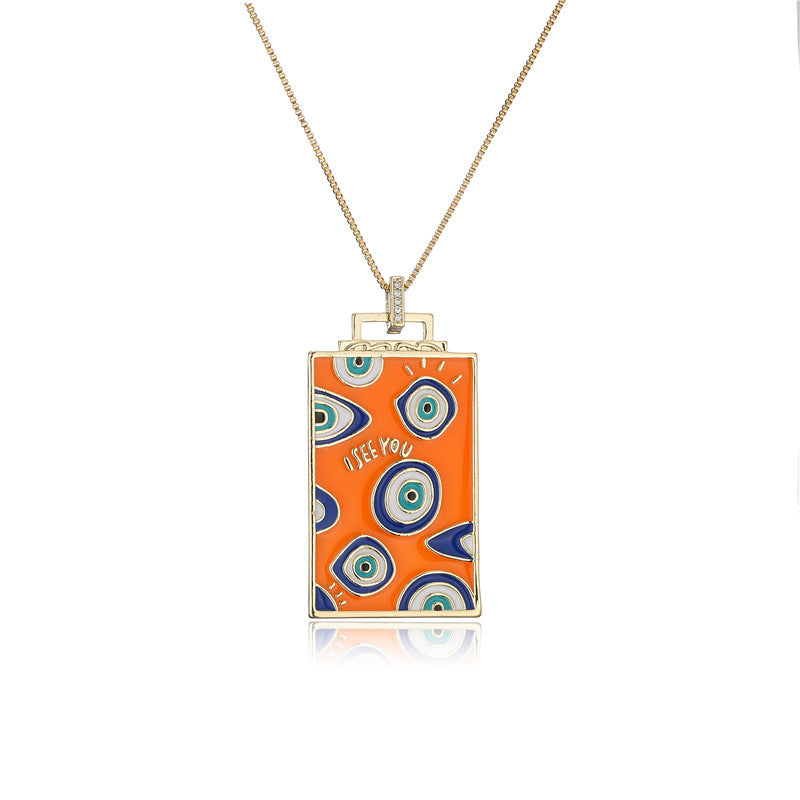 Vintage Square Geometric Drip Oil Inlay Brass Pendant Box Chain Necklace