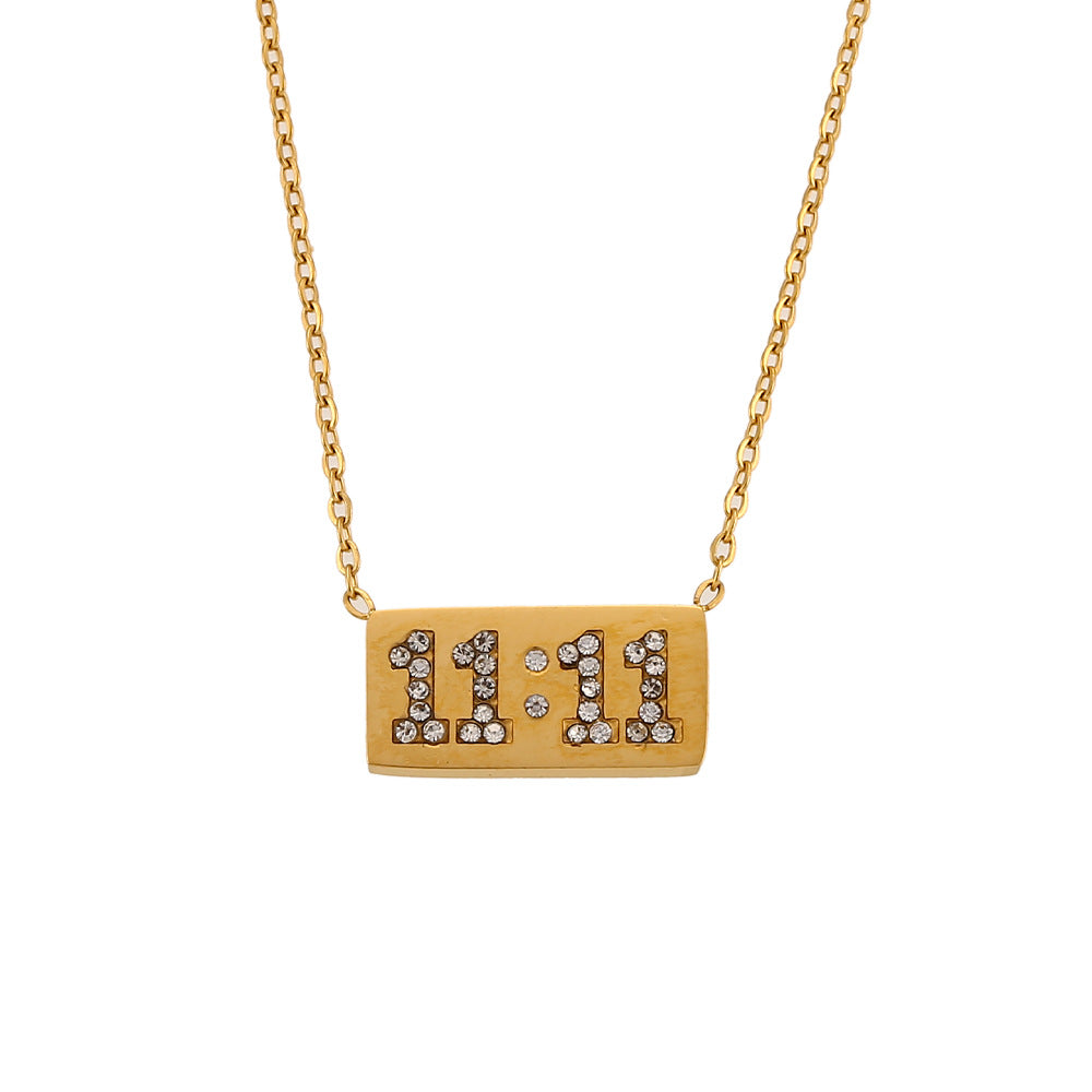 Minimalist Fashion Stainless Steel Rectangular Pendant Necklace with 11:11 and Pig Nose Design for Women