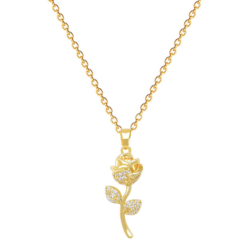 Sweet Minimalist Rhinestone Full-Paved Rose Geometric Pendant Titanium Steel Necklace for Unisex