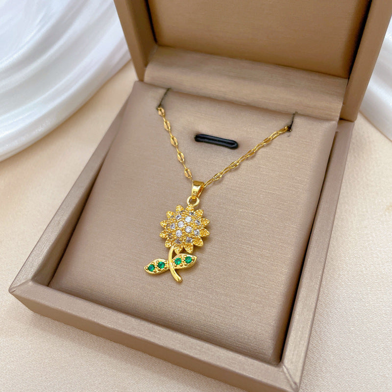 Luxury Titanium Steel Leaf Sunflower Rhinestone Collar Chain Necklace for Unisex