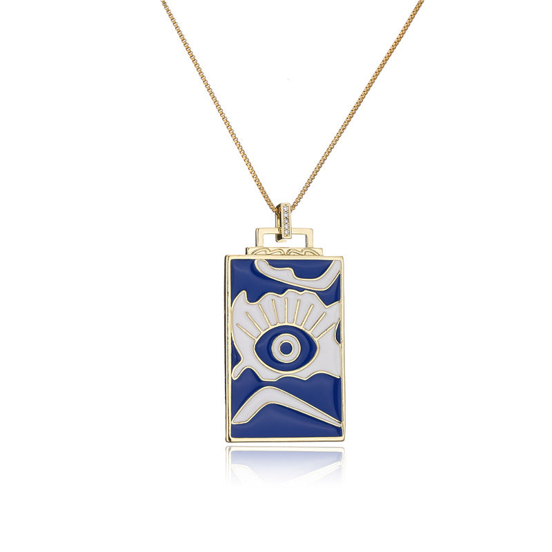 Vintage Square Geometric Drip Oil Inlay Brass Pendant Box Chain Necklace