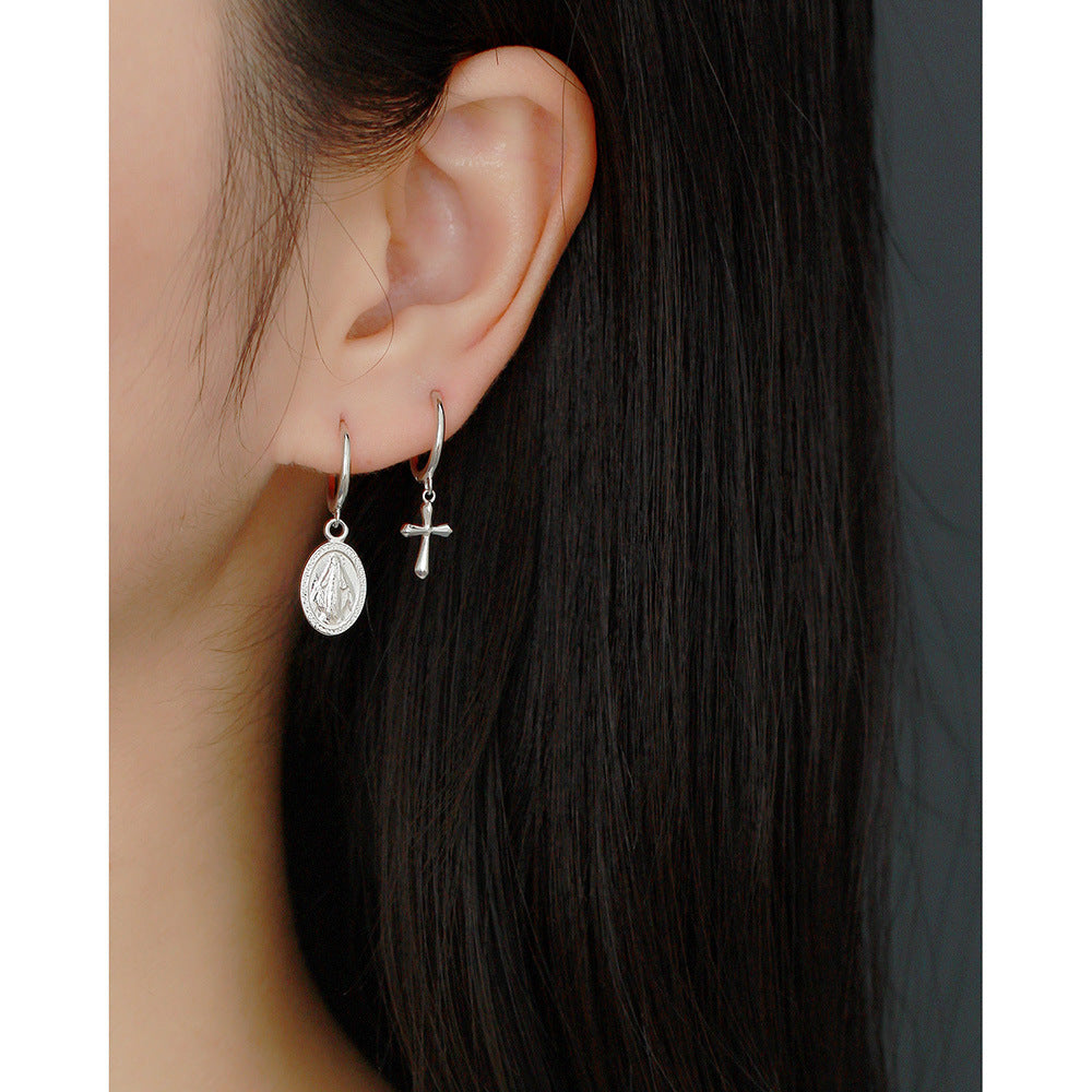 Sweet Cool Minimalist S925 Sterling Silver Plated Small Cross Hoop Earrings
