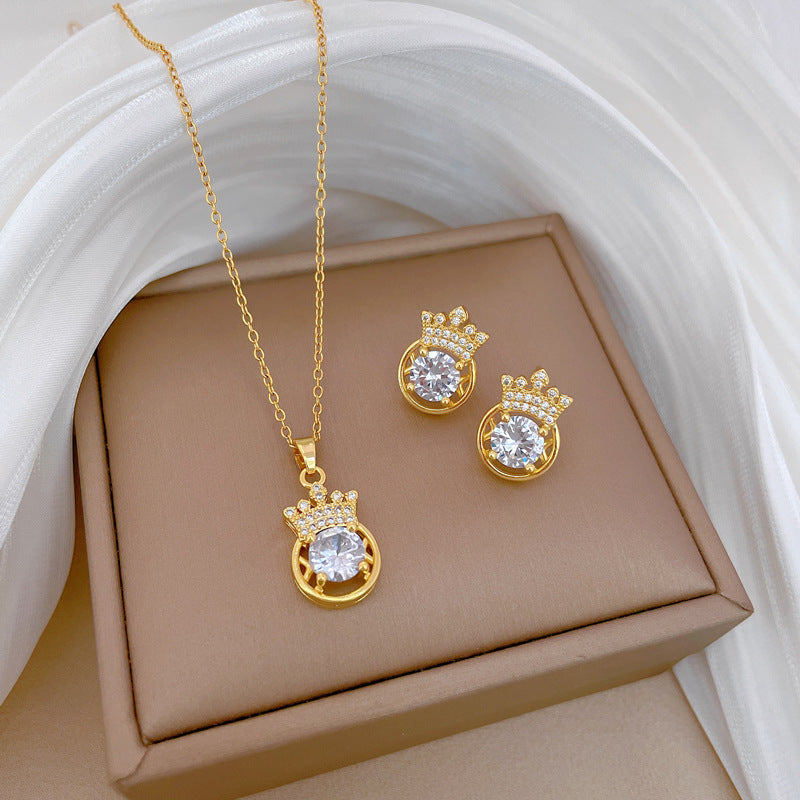 Luxury Fresh and Sweet Plated Brass Zircon Micro-Pave Earrings and Necklace Set