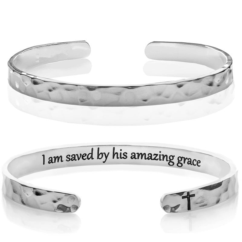 Minimalist Stainless Steel Engraved Open Moon Surface Textured Hammered Bracelet