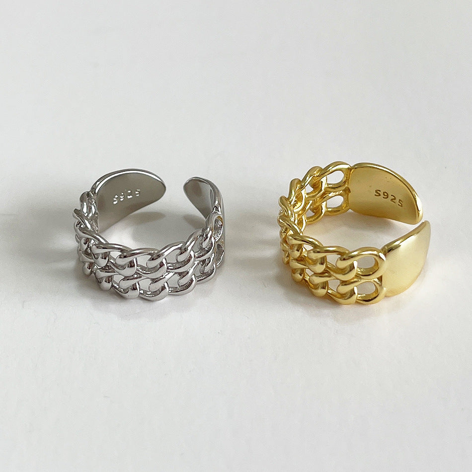 Anello da donna minimalista con intarsio a cuore in argento sterling 925 e design a doppia catena di chiusura
