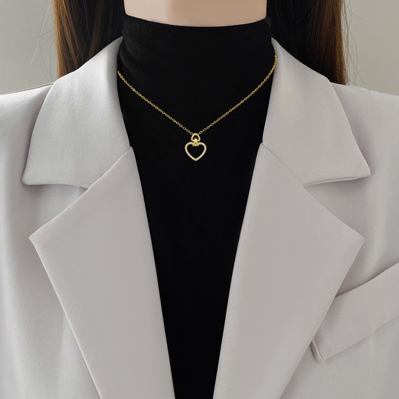 Sweet Heart Geometric Rhinestone Titanium Steel Necklace for Unisex