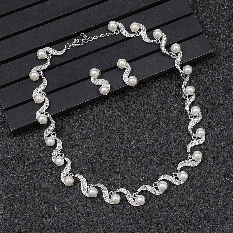 Chic Minimalist Pearl Pendant Necklace and Earrings Set for Women Alloy Chain with Twisted Rope Detail