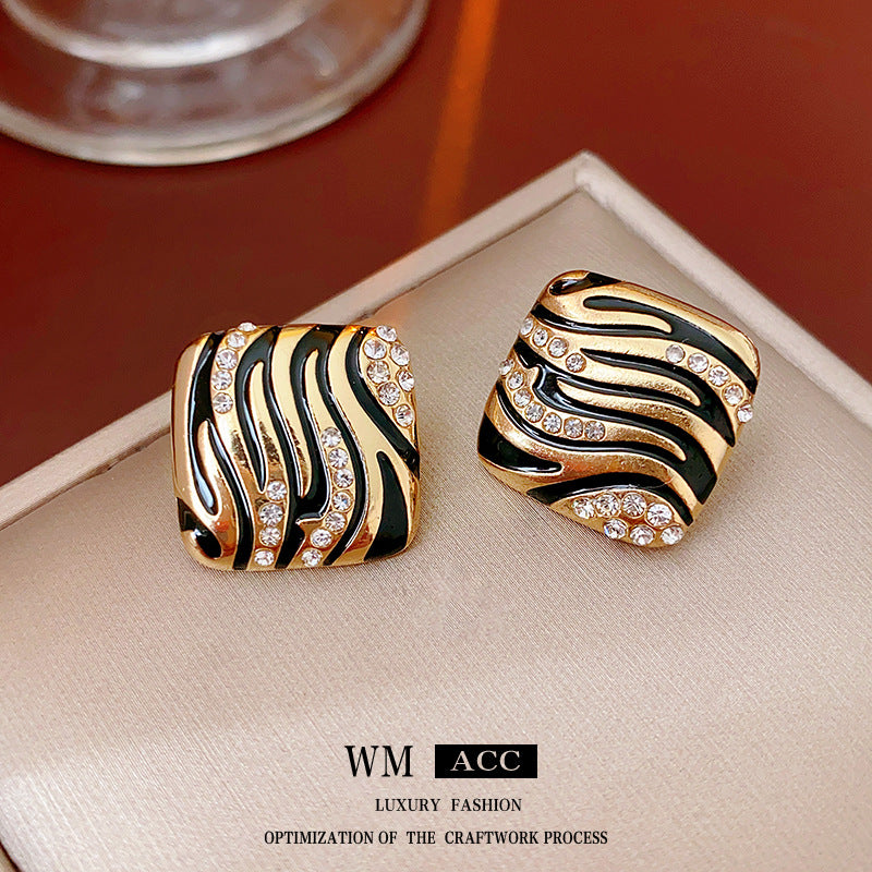 Vintage Geometric Square Alloy Earrings with Rhinestone Inlay and Enamel Finish for Women