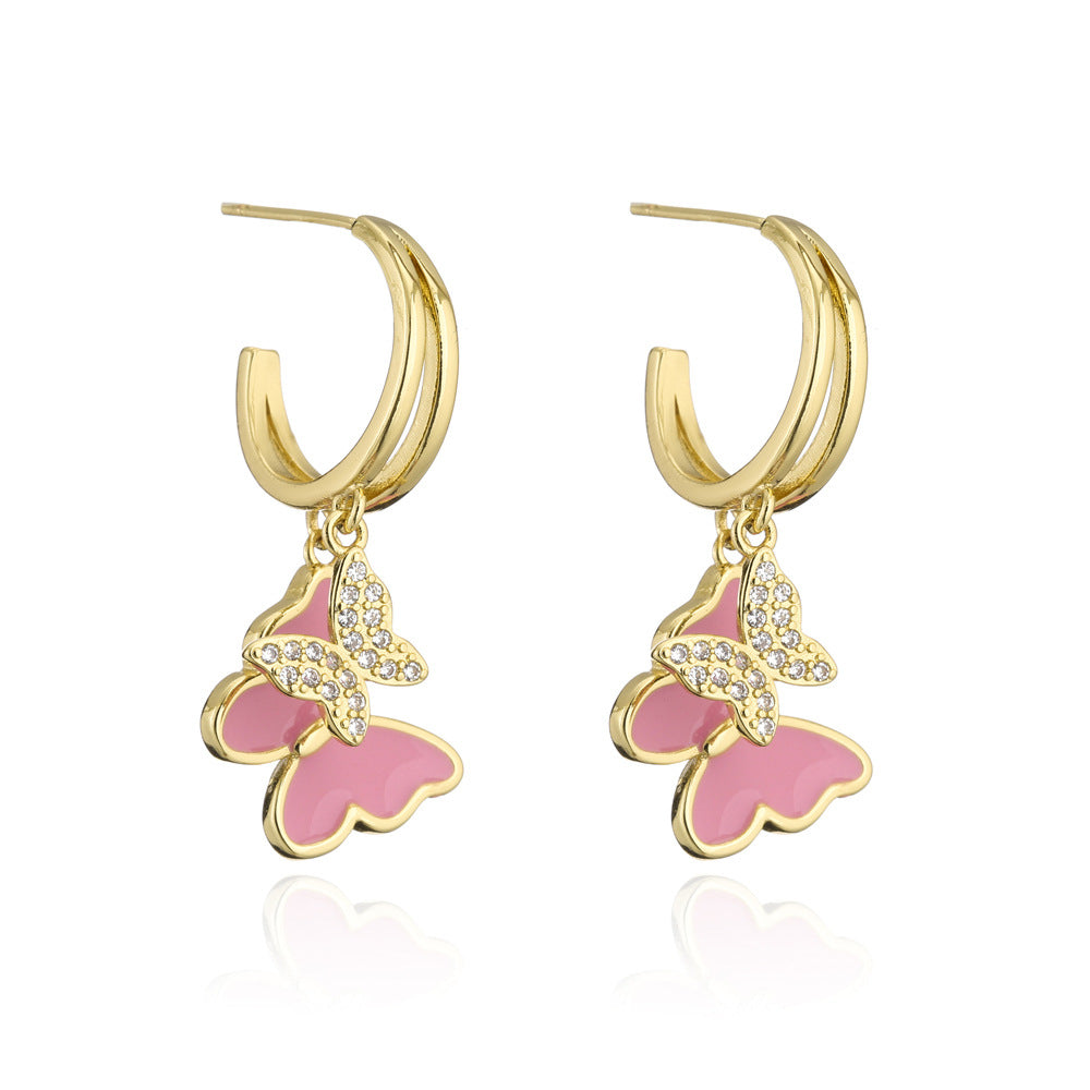 Minimalist Butterfly Earrings in Copper with 18K Gold Plating and Zircon Inlay