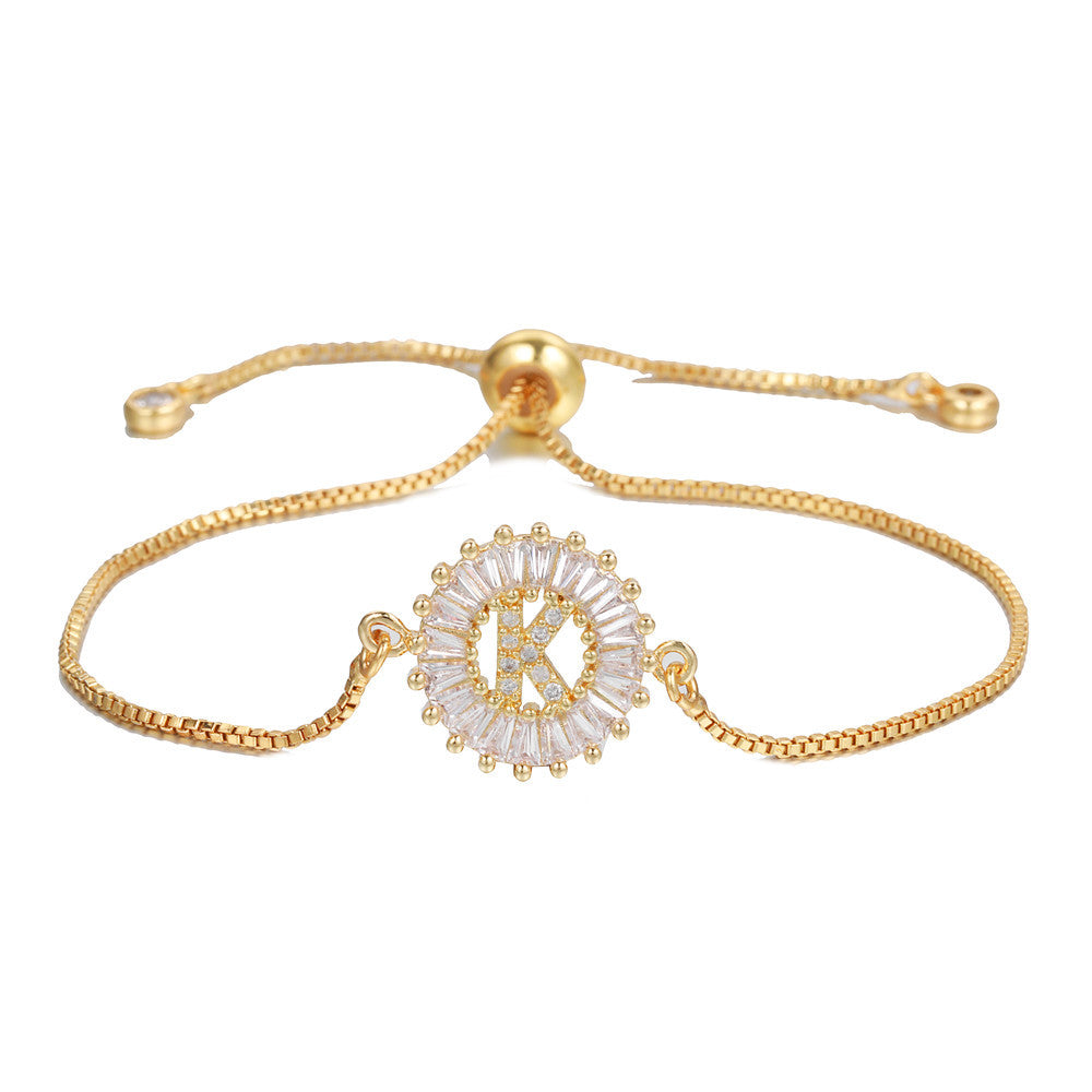Minimalist Gold Plated Brass Letter Bracelet with Cubic Zirconia Adjustable A-Z