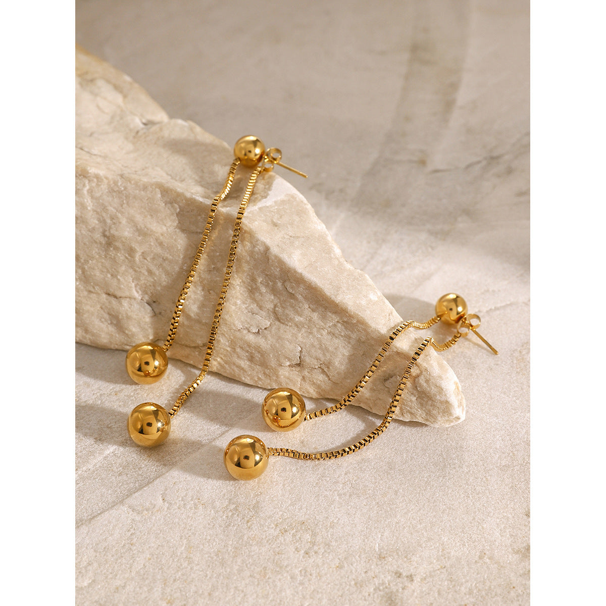 Minimalist 18K Gold Plated Round Stainless Steel Box Chain Tassel Earrings