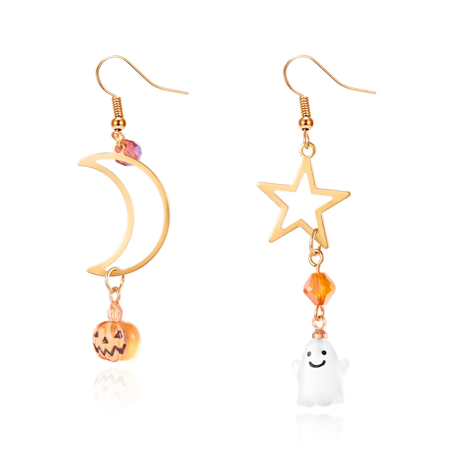 Pendientes de aleación con diseño de fantasma de dibujos animados, calabaza, luna y estrella, bañados en oro, para mujer, con temática de Halloween