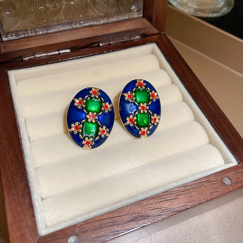 Vintage Art-Inspired Enamel Square Stud Earrings for Women with Stainless Steel Posts