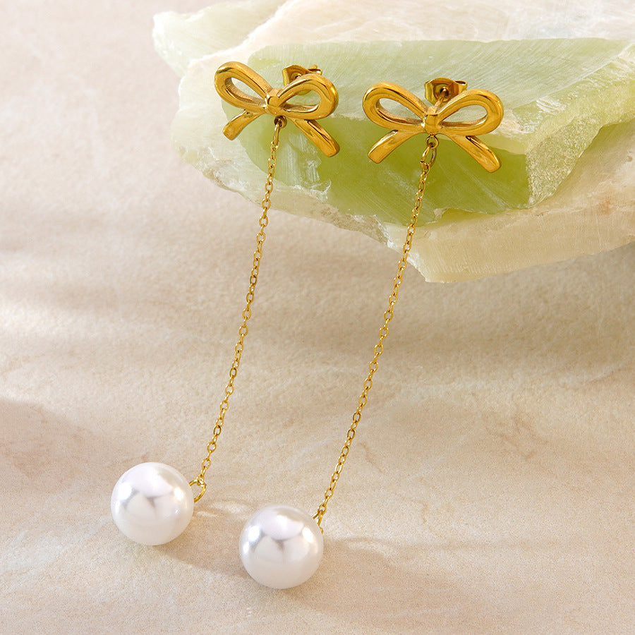 Sweet Elegant Floral Bow Plated Stainless Steel Dangle Earrings for Women