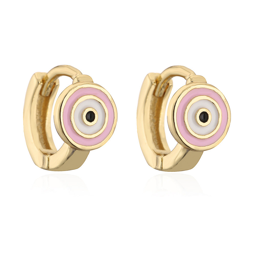 Orecchini a Cerchio Minimalisti Geometrici in Rame con Placcatura in Oro 18K e Dettaglio Occhio Smaltato da Donna