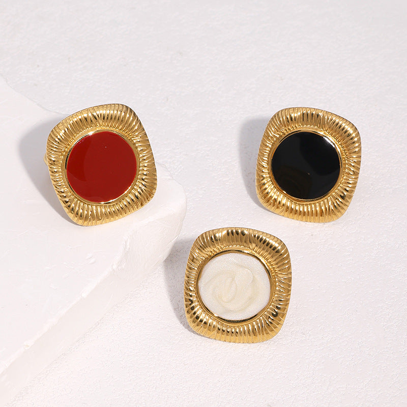 Minimalist Geometric Stainless Steel Open Ring for Women with 18K Gold Plating and Enamel Finish