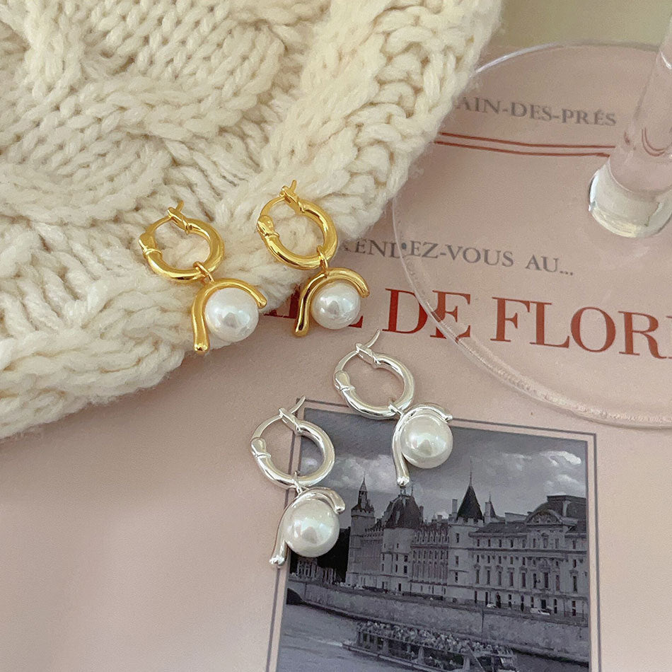 Elegantes Pendientes de Negocios de Plata de Ley 925 Bañados en Oro con Incrustaciones de Perlas Redondas en Forma de Lágrima, Diseño Geométrico