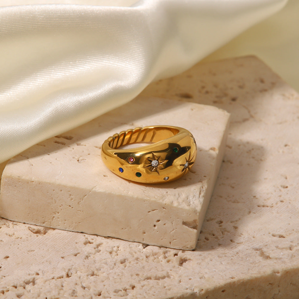 Anello esagonale in zirconi da donna, stile minimalista francese di lusso vintage, in acciaio inossidabile placcato, gioiello di moda