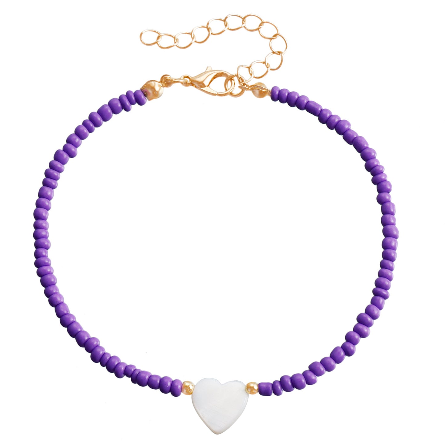 Bohemian Style Adjustable Anklet with Mother-of-Pearl Heart Charm and Colorful Seed Beads on Alloy Chain