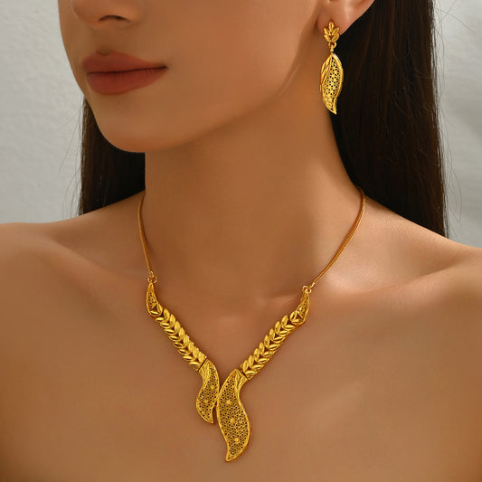 Minimalist Leaf Pendant Necklace and Earrings Set for Women Alloy Metal with Hollow-Out Design and Electroplated Finish