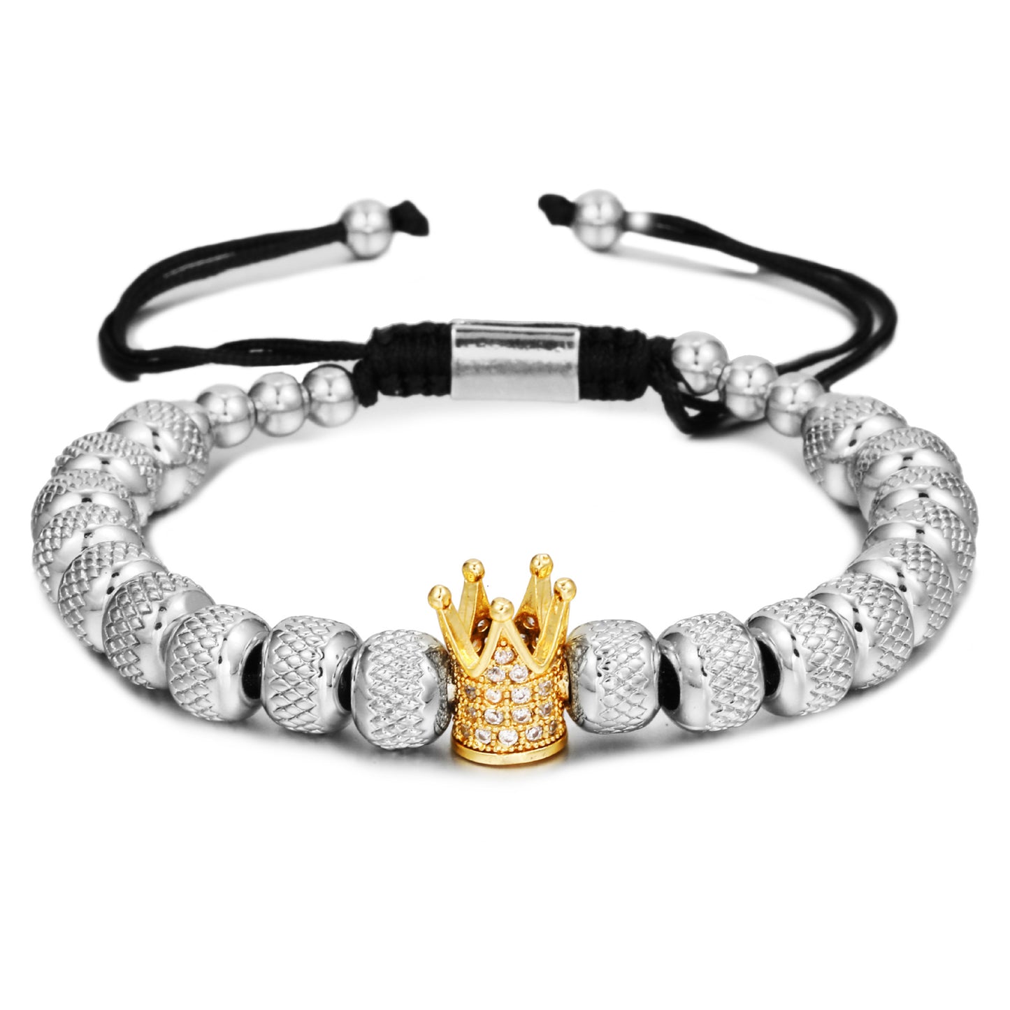 Vintage Geometric Titanium Steel Bracelet with Cubic Zirconia Pineapple Beads and Crown Charms for Unisex