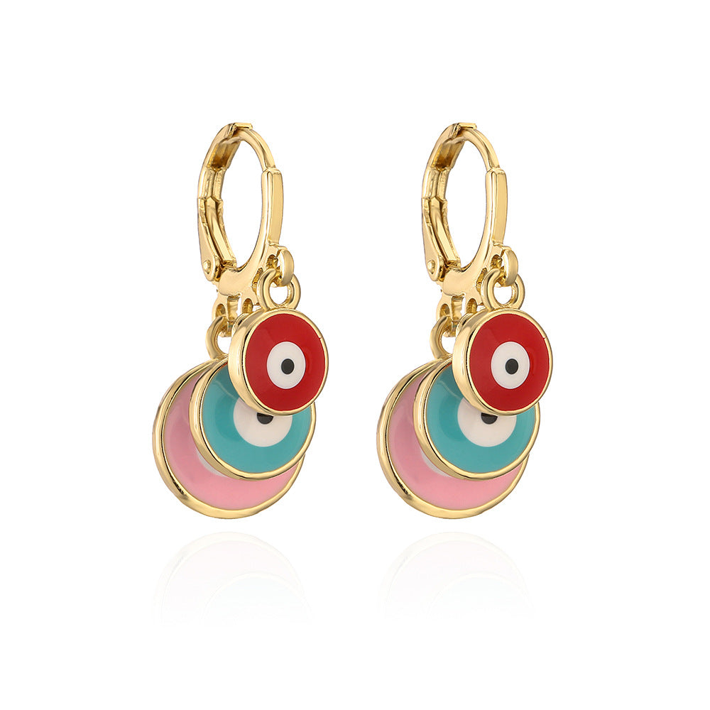 Minimalist Geometric Evil Eye Earrings for Women in Brass with Gold Plating and Enamel Finish