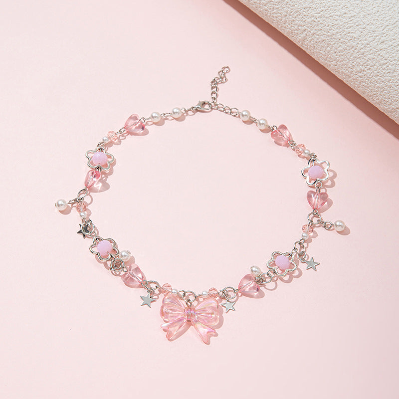 Collana con perline di vetro fatte a mano a forma di fiocco per bambine con ciondolo in lega, stile fresco e dolce