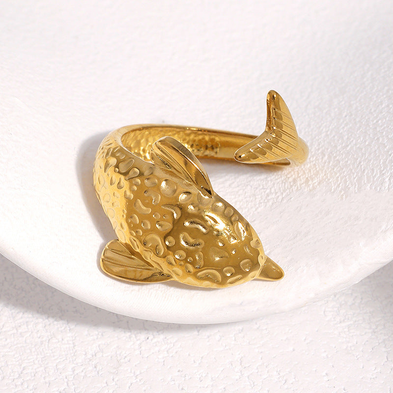 Cute Gold Plated Stainless Steel Dolphin Ring Adjustable Animal Design for Women