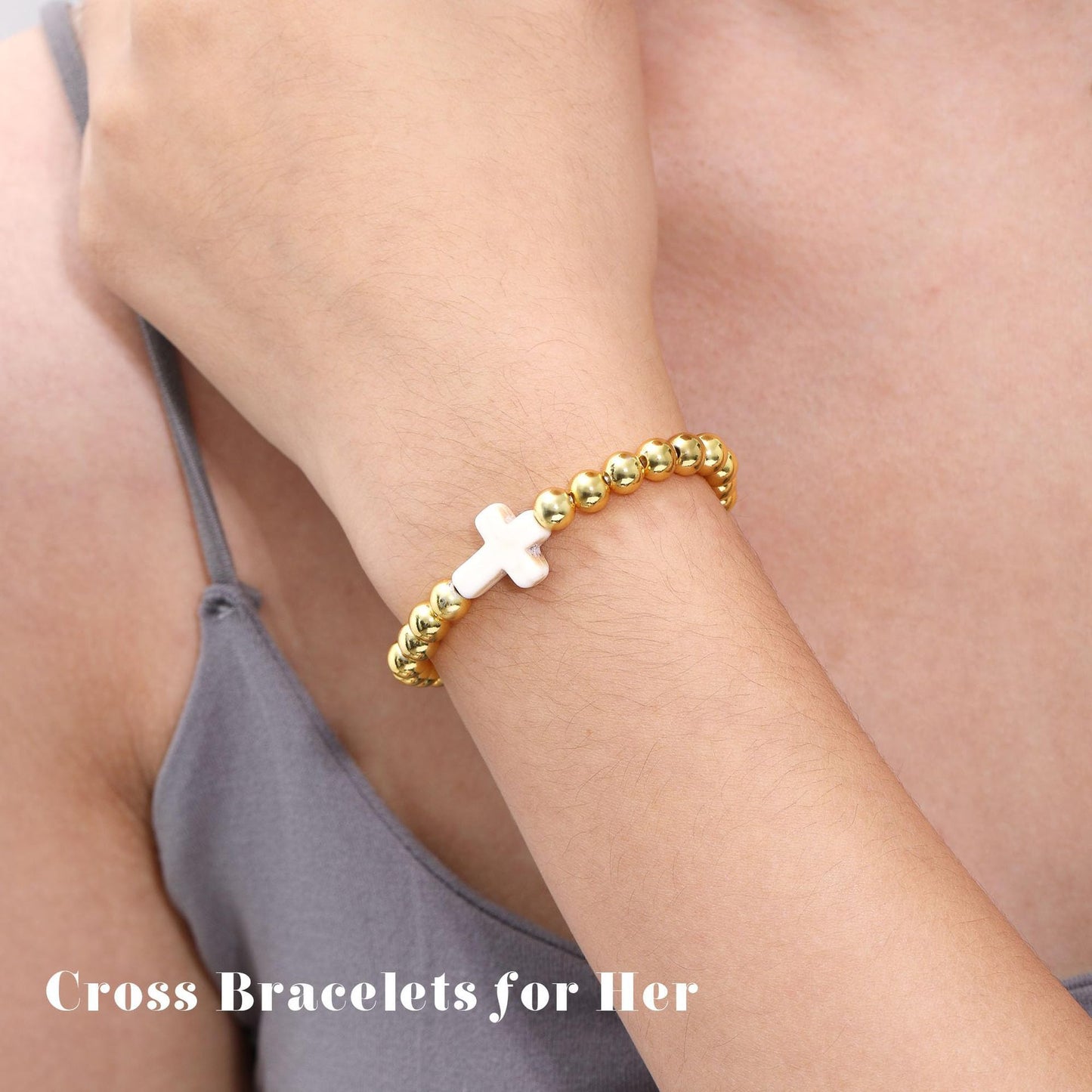 14K Gold Plated Hematite Bead Bracelet with Cross Pendant for Women
