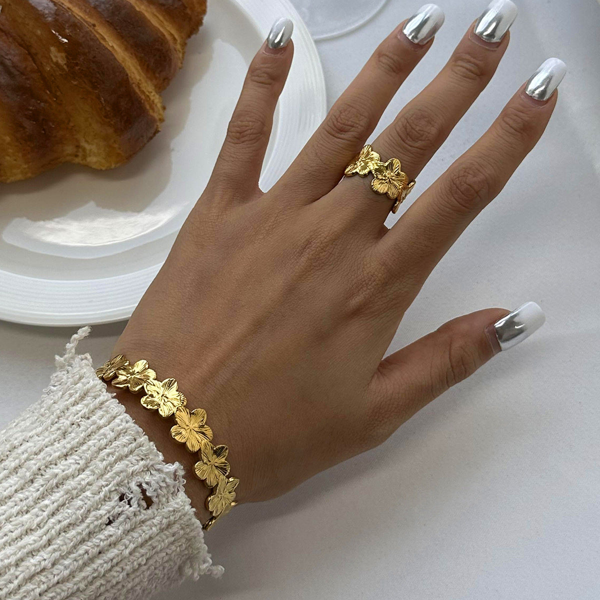 Floral Plated Stainless Steel Open Ring for Women