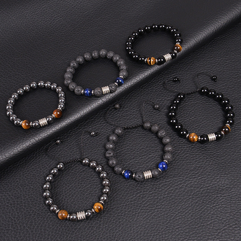 Minimalist Vintage Geometric Round Natural Obsidian Tiger Eye Stainless Steel Bracelet Unisex