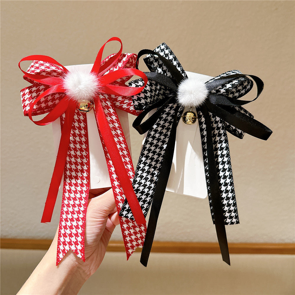 Pinza para el pelo roja para niñas con estampado de pata de gallo, lazos y cintas, de tela, forma geométrica, para edades de 3 a 10 años