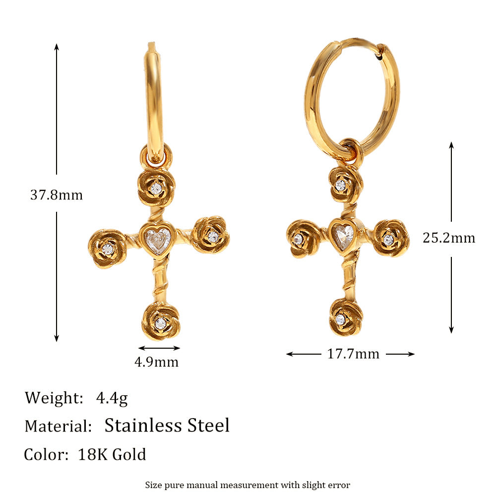 Collana con Pendente a Croce da Donna Stile Vintage in Acciaio Inossidabile con Placcatura in Oro 18K e Strass Bianchi
