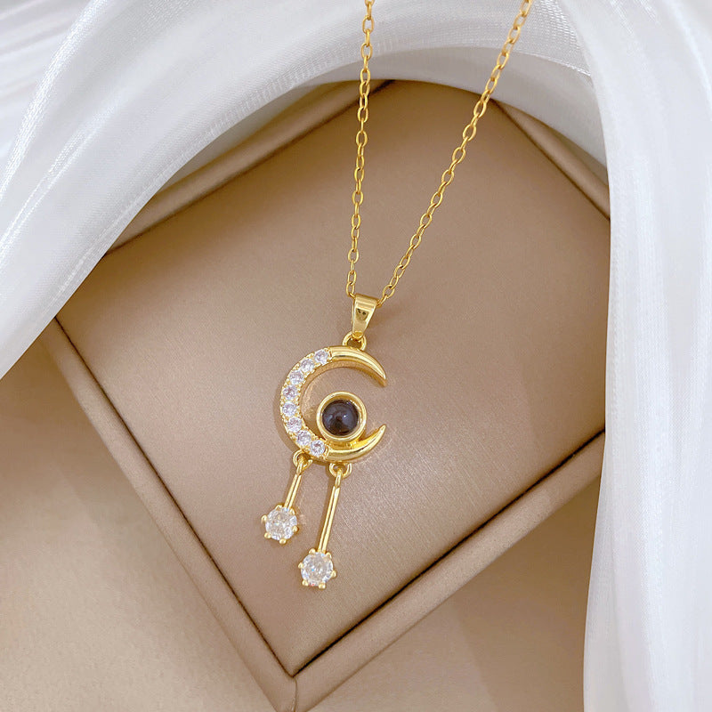 Sweet Luxury Moon Rhinestone Tassel Projection Necklace Titanium Steel Unisex