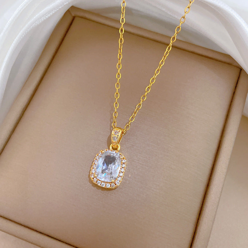 Sweet Geometric Square Cubic Zirconia Titanium Steel Necklace for Unisex