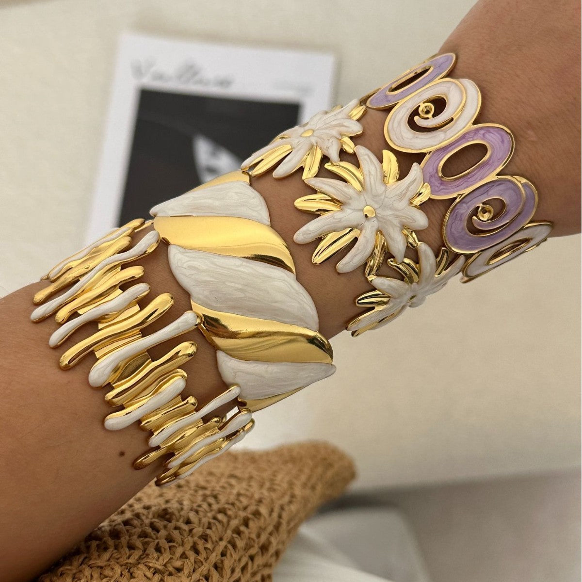 Unique Mermaid Stainless Steel Drip Oil Open Cuff Bracelet with Heart and Star Elements