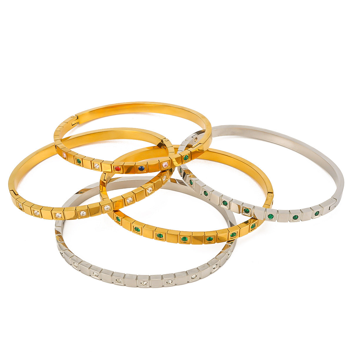 Trendy Geometric Checkered Rhinestone 18K Gold Plated Titanium Steel Bracelet Set