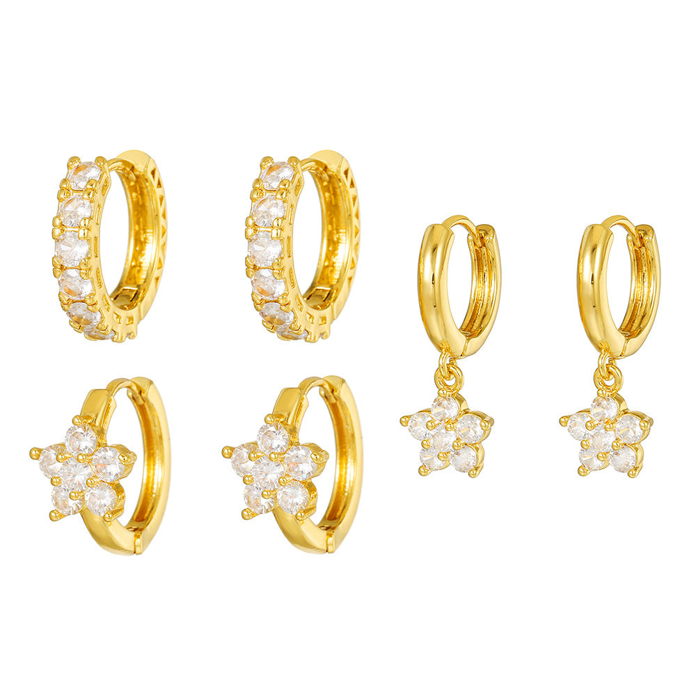 16K Gold Plated Brass Geometric Round Floral Earrings with Micro-set Cubic Zirconia and 925 Sterling Silver Posts
