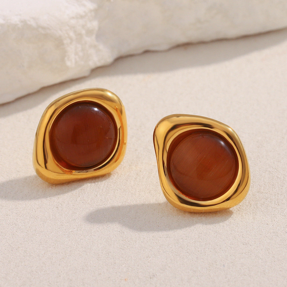 Pendientes de tuerca minimalistas geométricos franceses antiguos de acero inoxidable chapados en oro de 18 quilates con ojo de tigre para mujer