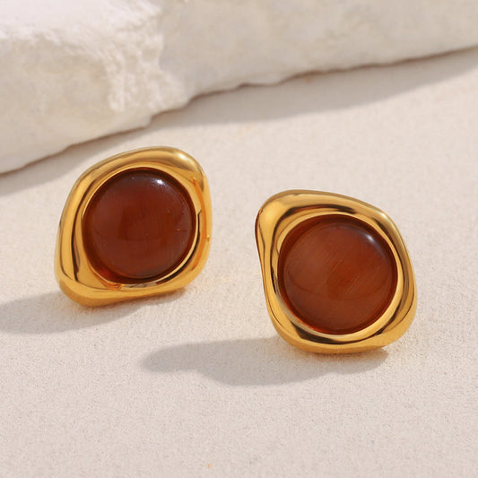 Pendientes de tuerca minimalistas geométricos franceses antiguos de acero inoxidable chapados en oro de 18 quilates con ojo de tigre para mujer