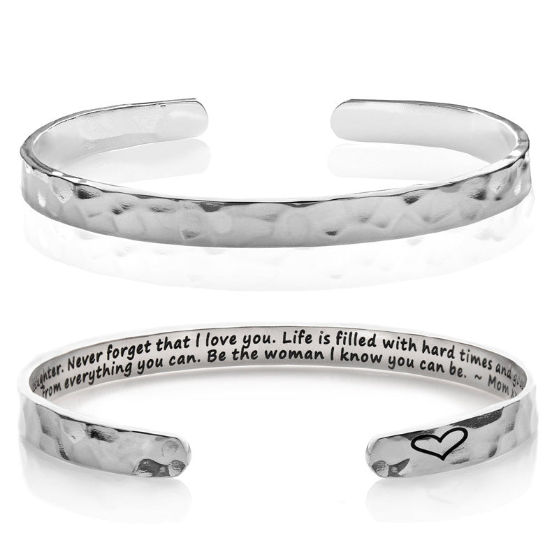 Minimalist Stainless Steel Engraved Open Moon Surface Textured Hammered Bracelet