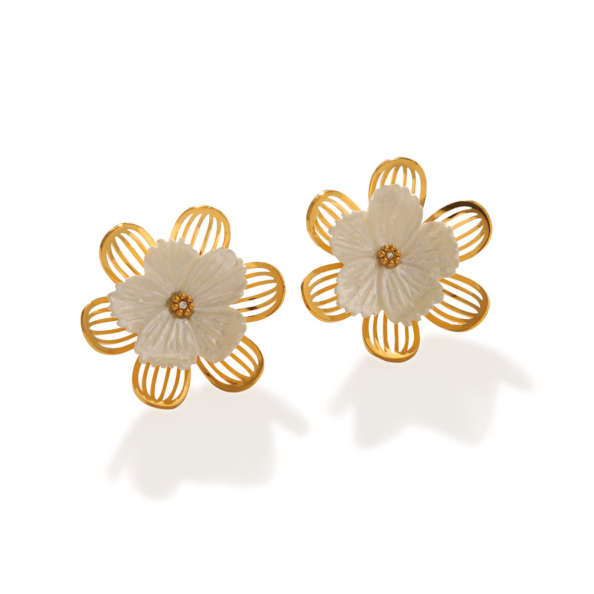 Vintage French Style 18K Gold Plated Stainless Steel Floral Geometric Stud Earrings for Women