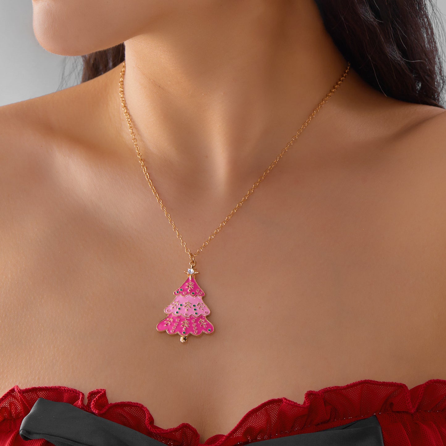 Fashion Christmas Tree Pendant Necklace and Earrings Set for Women with Enamel Finish and Rhinestone Inlay on O-Chain
