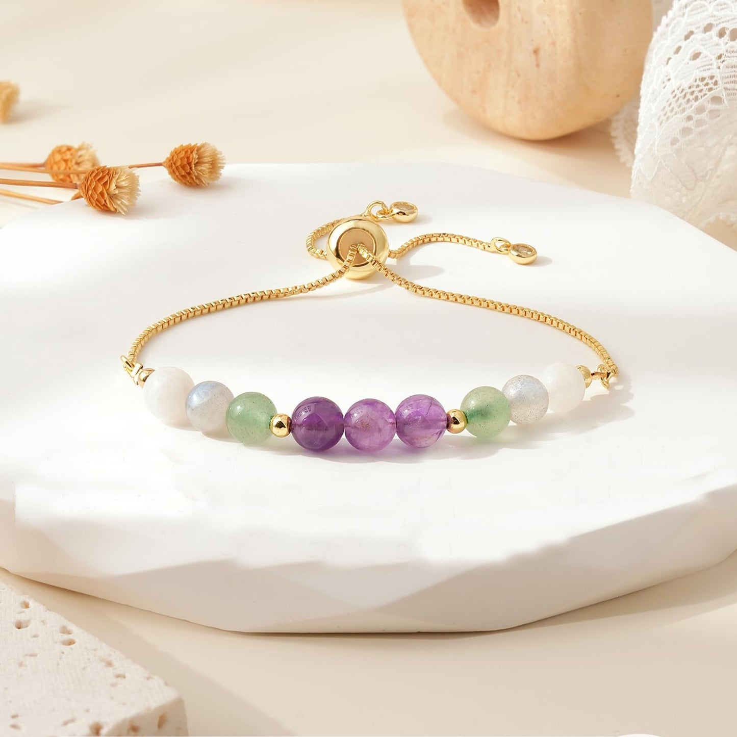 Elegant Natural Crystal Beaded Bracelet with Box Chain and Adjustable Clasp for Women