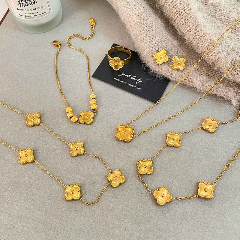 Laser Four-Leaf Clover Titanium Steel Plated Necklace Set Unisex