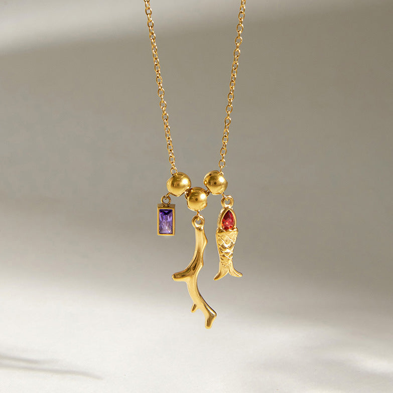 Minimalist Elegant Fish Shape Stainless Steel PVD Cubic Zirconia Pendant Necklace for Women
