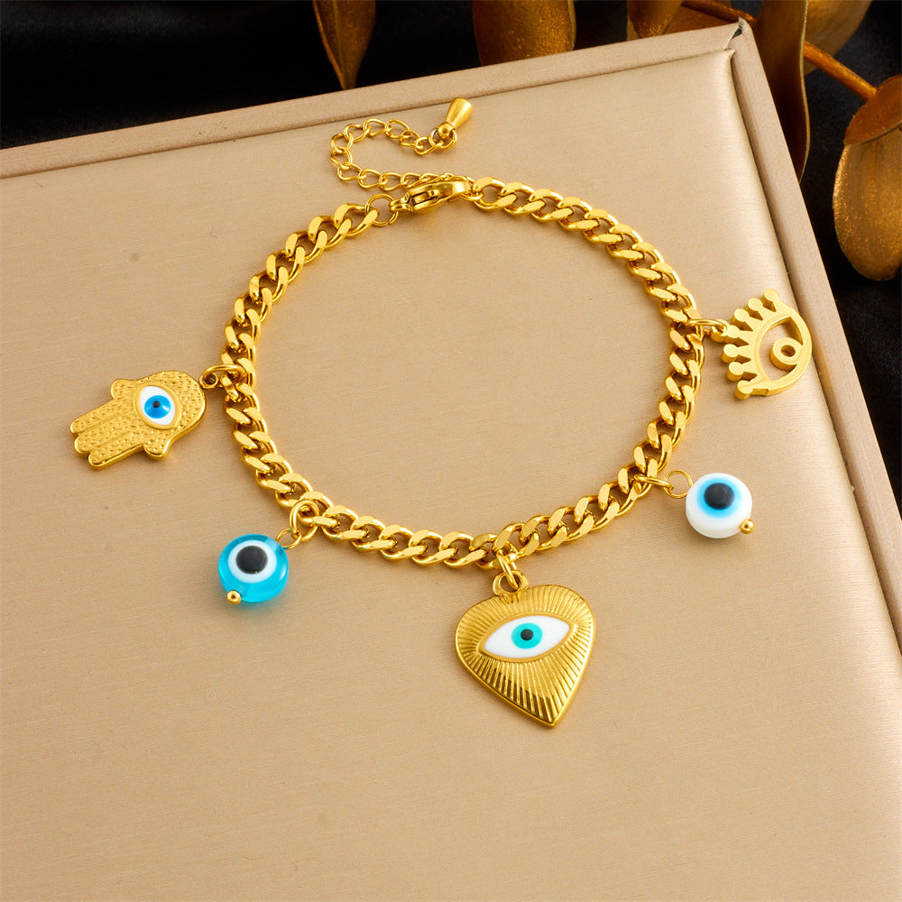 Cartoon Drip Oil Heart Evil Eye Pendant Stainless Steel Bracelet for Women