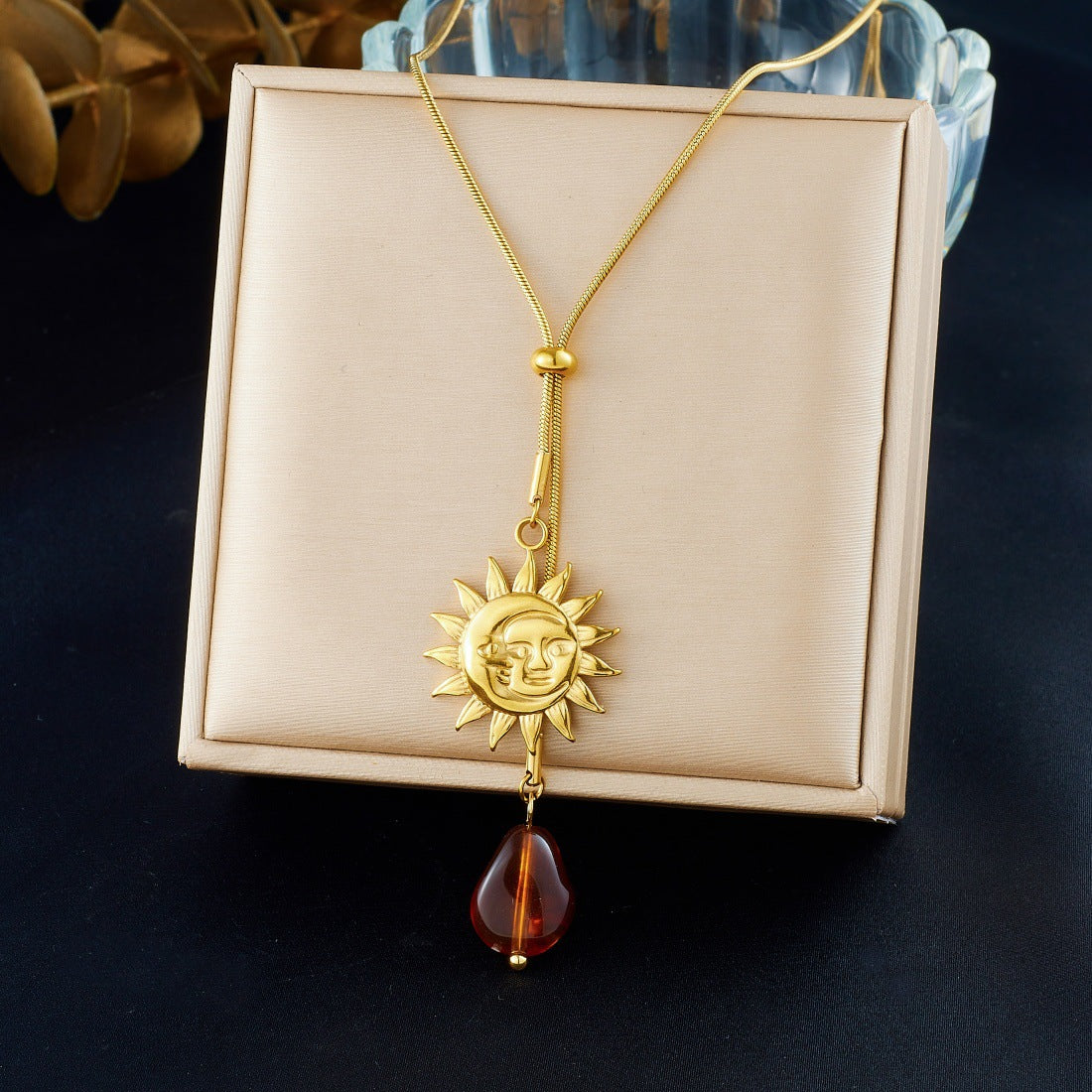 Vintage Geometric Sun Stainless Steel Plated Pendant Necklace for Women with Snake Chain