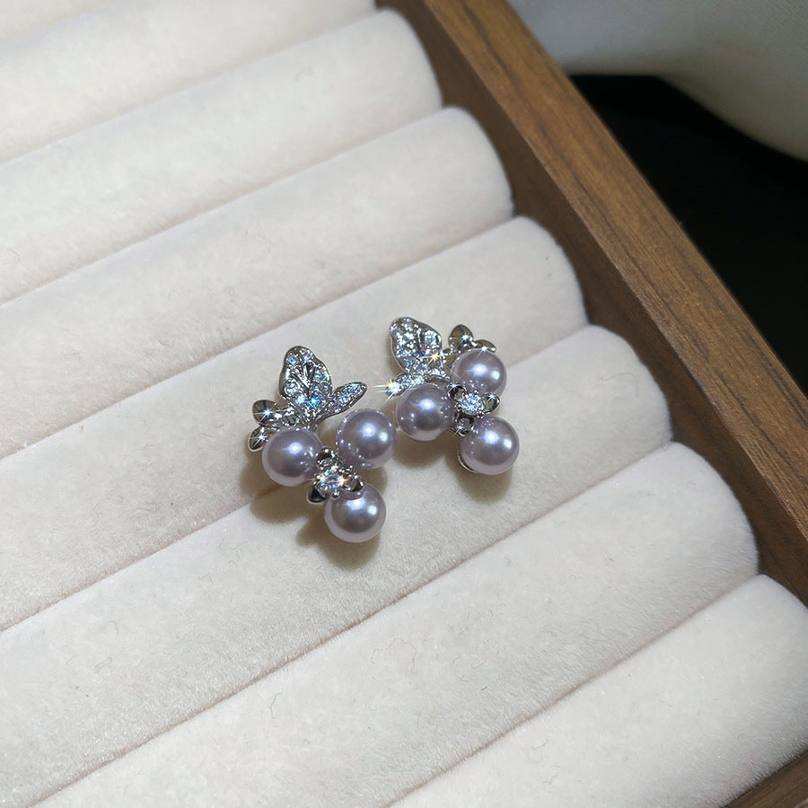 Elegante conjunto de collar y pendientes de perlas con diseño floral estilo francés, con detalles de pedrería, acabado chapado, cadena de clavícula, para mujer