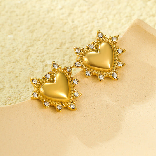 Orecchini da donna in acciaio inossidabile placcato oro 18 carati con strass a forma di cuore, stile vintage